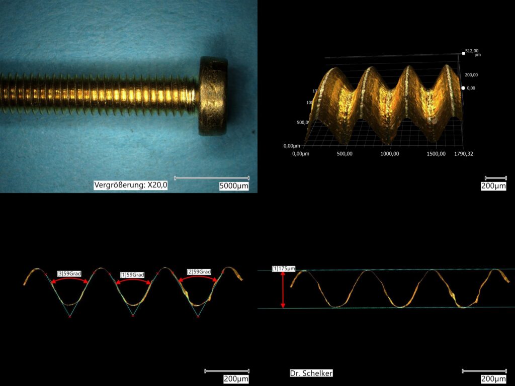 Digitalmikroskopische Untersuchung einer Schraube mit 3D-Topografiedarstellung sowie präziser Messung der Flankenwinkel und der Profiltiefe des Gewindes